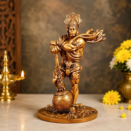 Bahubali Hanuman Idol with Gada, 8 Inch Antique Gold Polyresin Bajrang Bali Murti