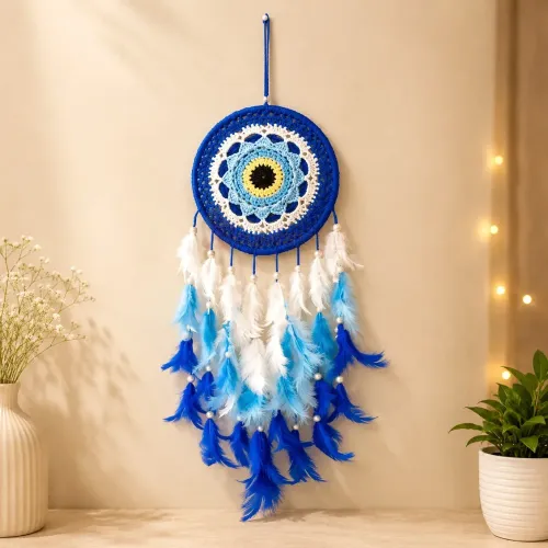 Handmade Blue Evil Eye Dream Catcher Wall Hanging with Feathers for Home, Office & Meditation Décor