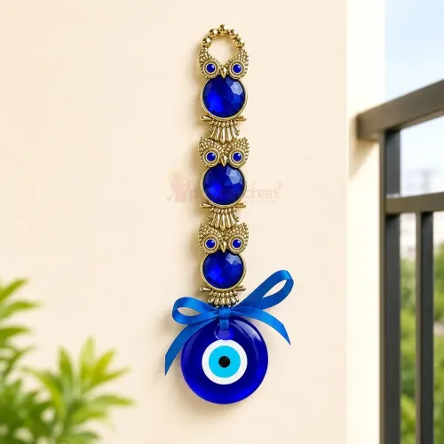 Evil Eye Owl Wall Hanging with Blue Crystal Stones & Glass Nazar Charm for Home Entrance & Vastu Décor
