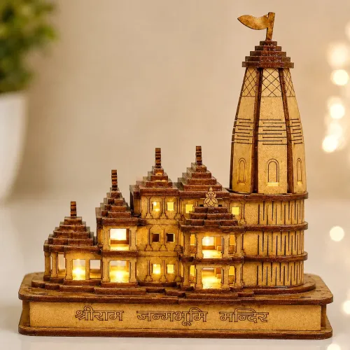 Shri Ram Janmabhoomi Mandir Handcrafted Wooden Temple Model with LED Lights, 6 Inch