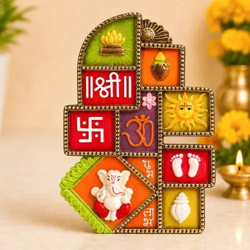 Shubh Labh Ganesh Ji Wall Hanging with Om & Swastik, 9 Inch Vastu Wall Decor