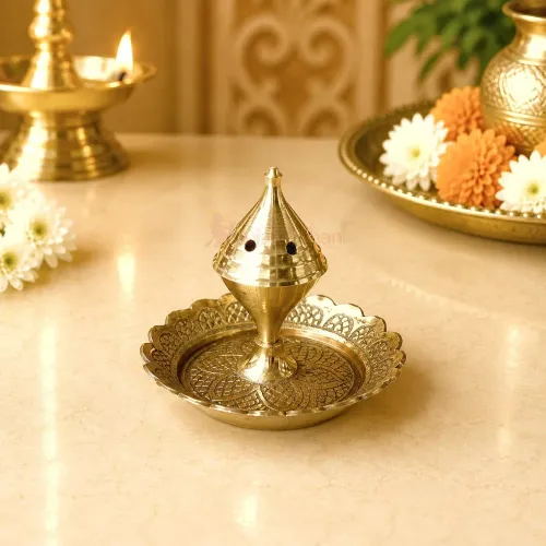 Engraved Pure Brass Agardan Incense Stick Holder with Ash Catcher Plate