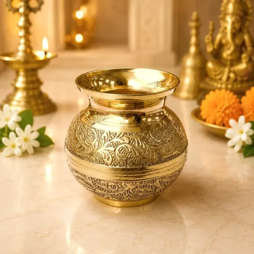Engraved Pure Brass Pooja Lota – Traditional Floral Kalash for Home Temple & Daily Puja (2 No.)