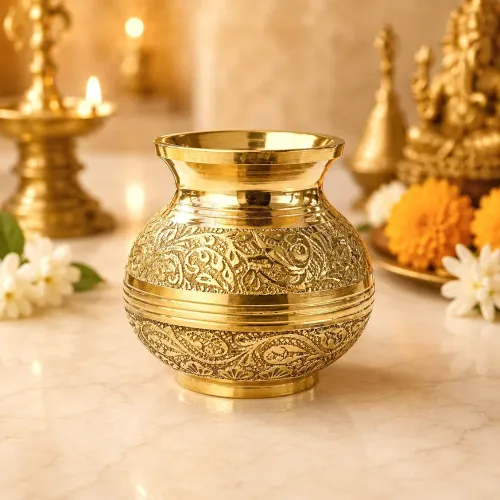Engraved Pure Brass Pooja Lota Kalash with Floral Design, 3 No.