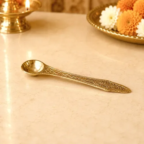 Engraved Pure Brass Pooja Spoon for Jal, Panchamrit & Daily Worship