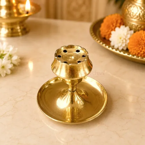 Pure Brass Agarbatti Stand with Ash Catcher Plate, Traditional Incense Stick Holder for Home Temple & Daily Puja