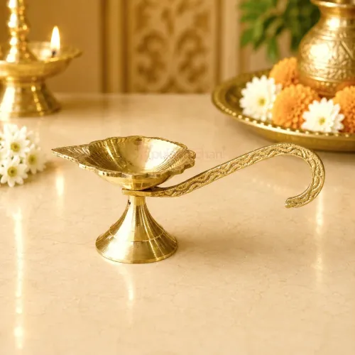 Pure Brass Handheld Pooja Diya with Long Handle | Leaf-Shaped Aarti Oil Lamp for Home Temple & Daily Worship