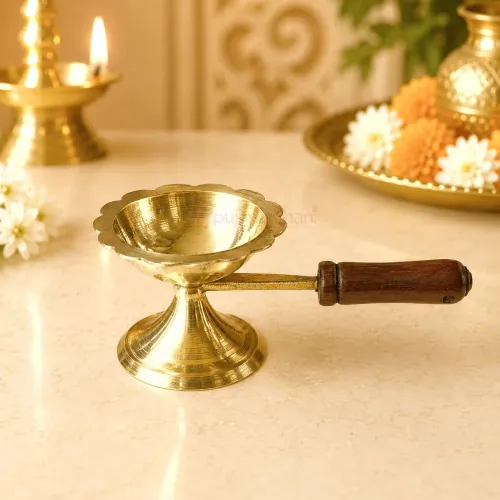 Pure Brass Loban Guggal Dhoop Burner with Wooden Handle for Home Temple, Havan & Daily Puja