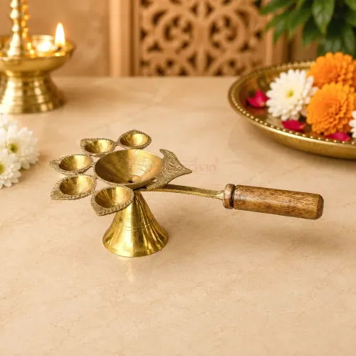 Pure Brass Panch Aarti Diya with Wooden Handle, 5 Face Oil Lamp for Home Temple & Daily Worship