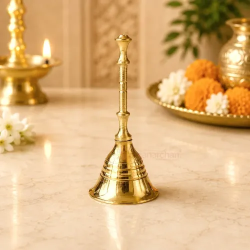Pure Brass Pooja Bell (Ghanti) - Traditional Hand Bell for Home Temple, Aarti & Daily Worship