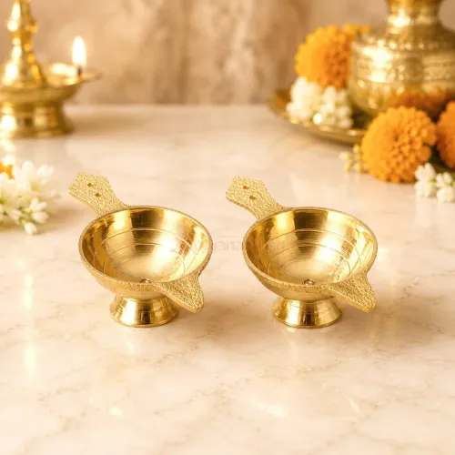 Pure Brass Pooja Diya Set of 2, Handmade Traditional Brass Oil Lamps for Home Temple, Aarti & Festivals