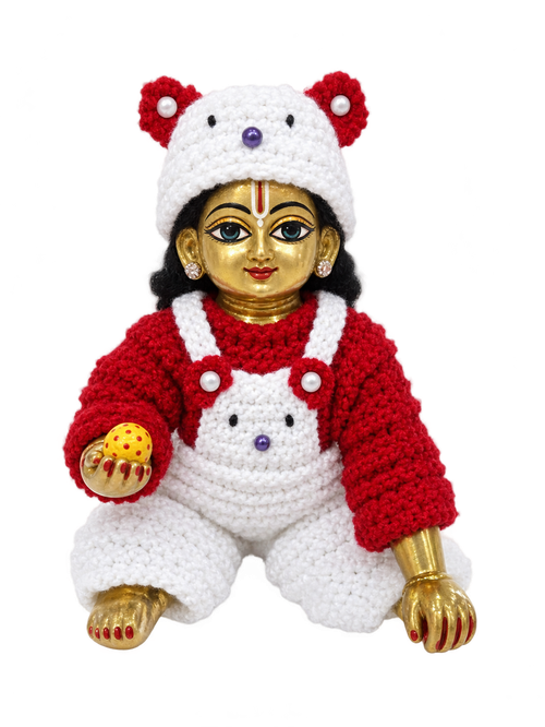 Handmade Red White Woolen Dungri Dress with Cap for Laddu Gopal Ji Size 5