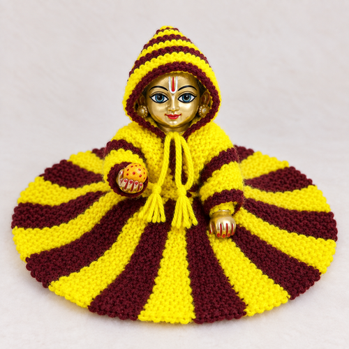 Handmade Yellow Maroon Woolen Poshak with Cap for Laddu Gopal Ji Size 5