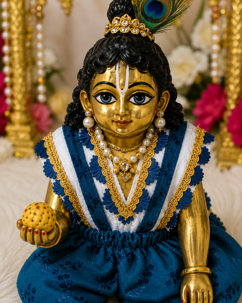 Handmade Blue White Laddu Gopal Ji Poshak with Golden Lace Size No. 4