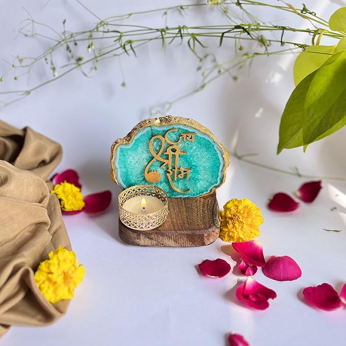 Jai Shree Ram Green Agate Stone with Wood Stand Religious Home Decor Ideal for Bedroom product image