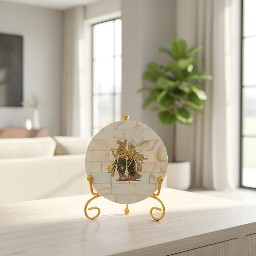 Mother of Pearl Radha Krishna Showpiece With Metal Stand product image