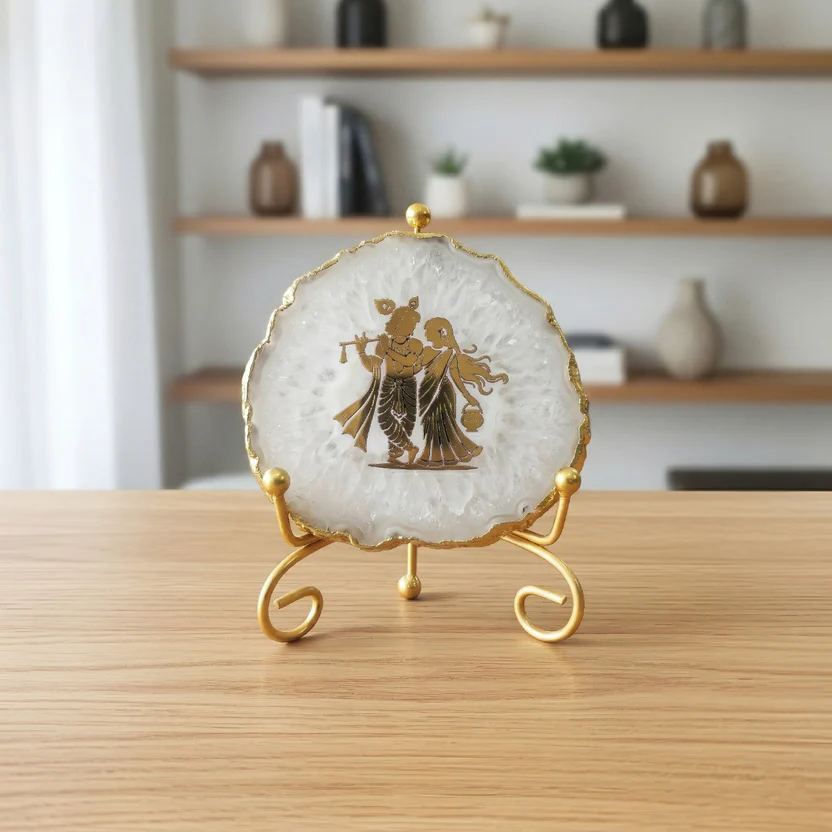 Agate Radha Krishna Showpiece with Metal Stand - White product image