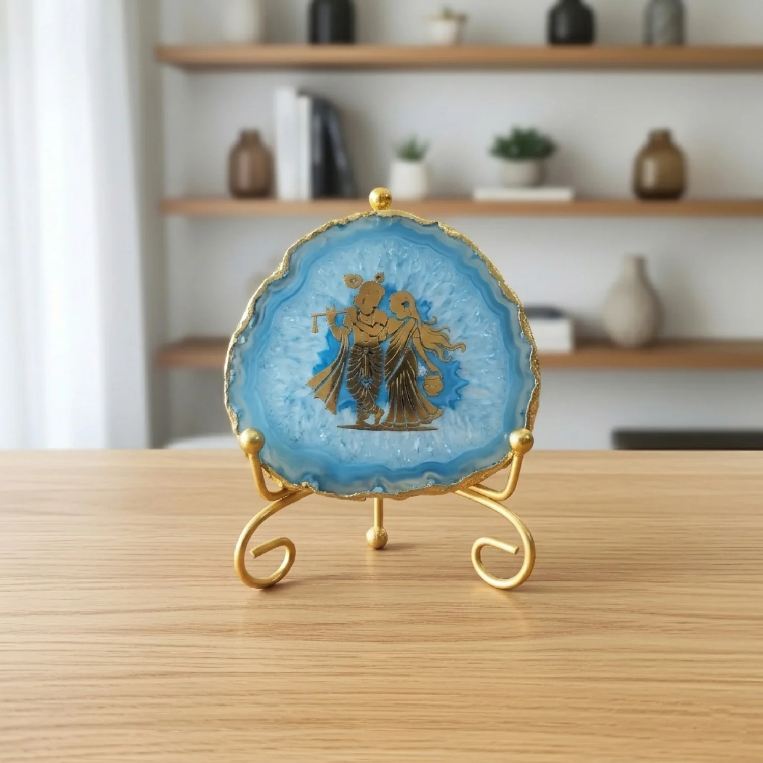 Agate Radha Krishna Showpiece with Metal Stand - Blue product image