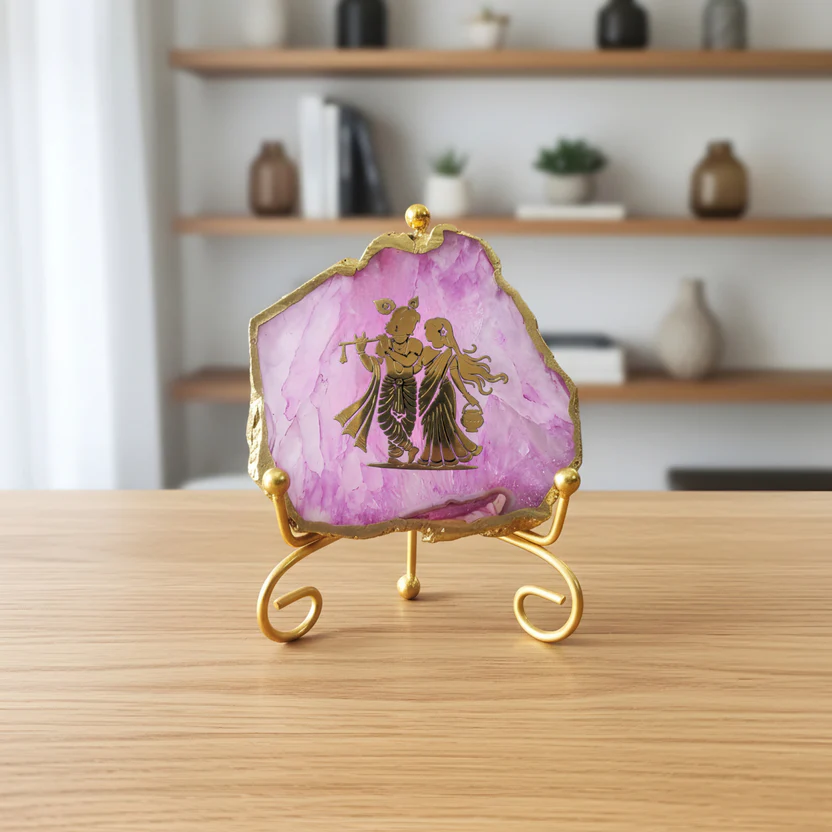 Agate Radha Krishna Showpiece with Metal Stand - Pink product image