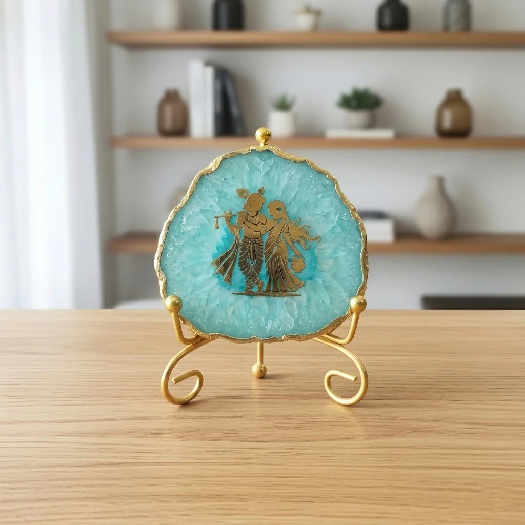 Agate Radha Krishna Showpiece with Metal Stand - Turquoise product image