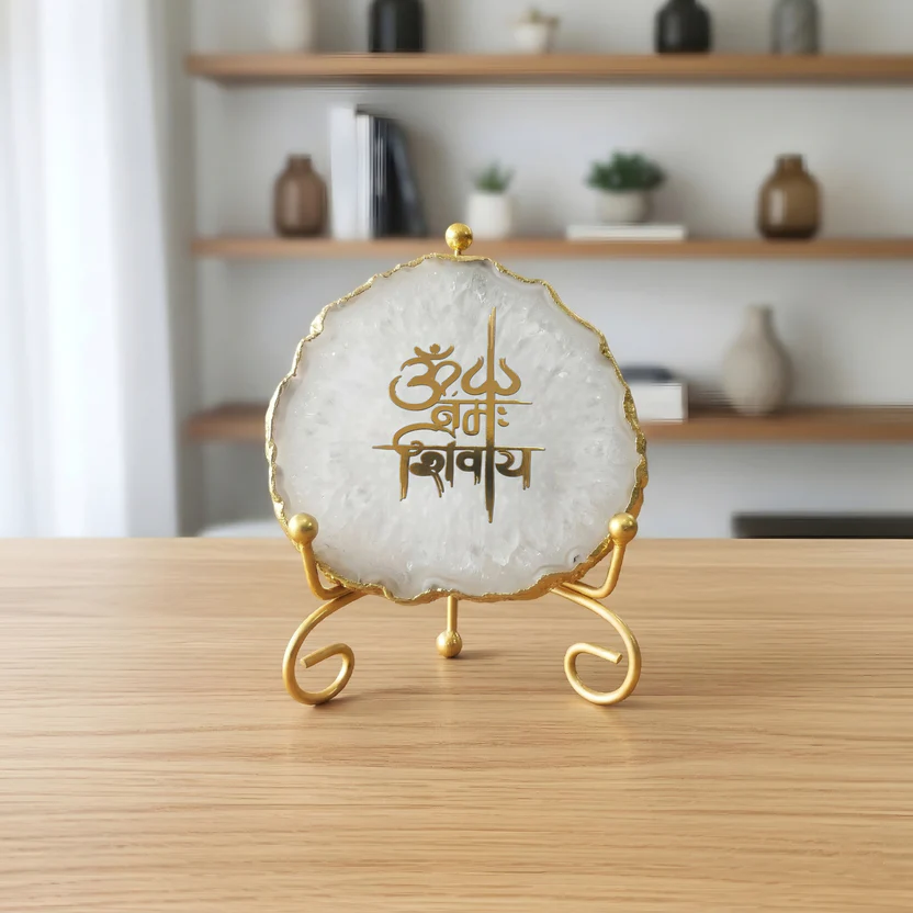 Agate Om Namah Shivay Showpiece with Metal Stand - White product image