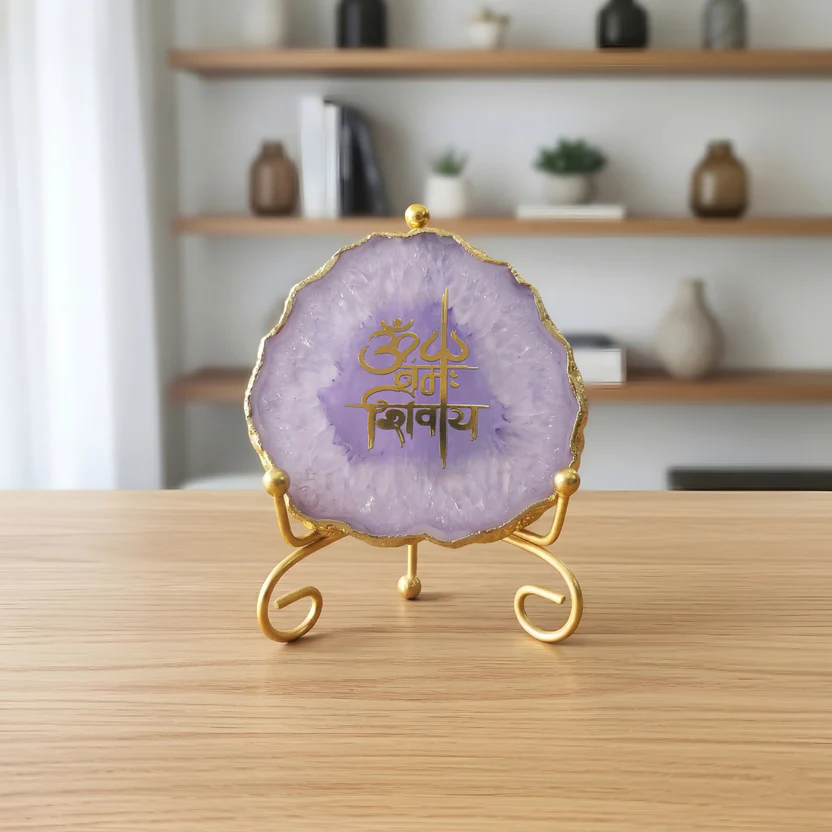 Agate Om Namah Shivay Showpiece with Metal Stand - Purple product image
