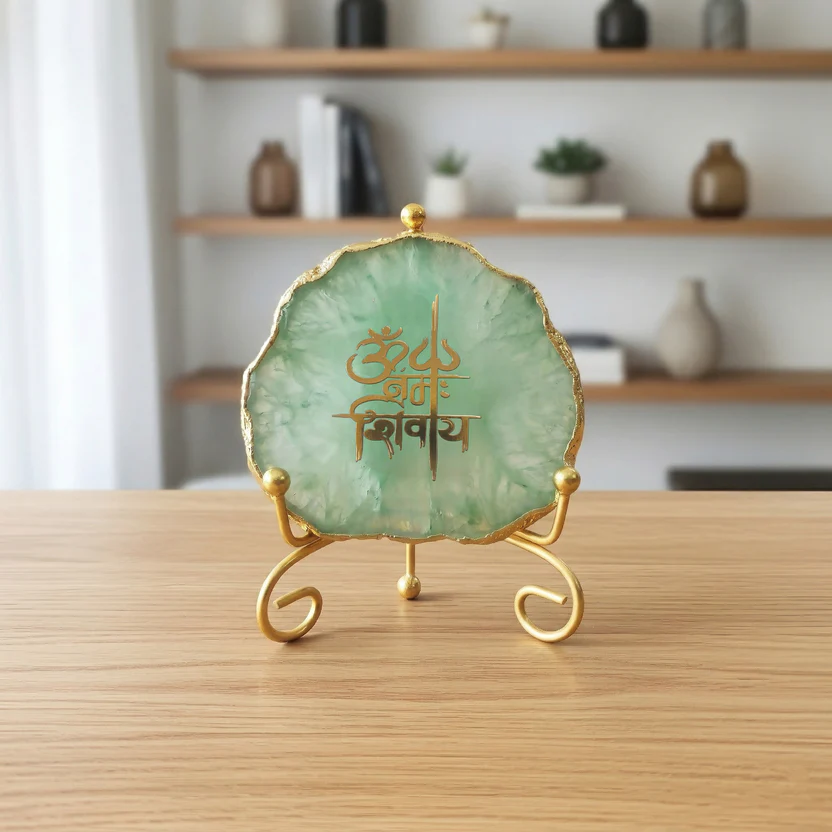 Agate Om Namah Shivay Showpiece with Metal Stand - Green product image
