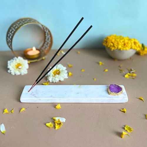 Handmade Marble with Agate Gold Plating Agarbatti Stand Puja Incense Stick Holder with Ash Catcher 