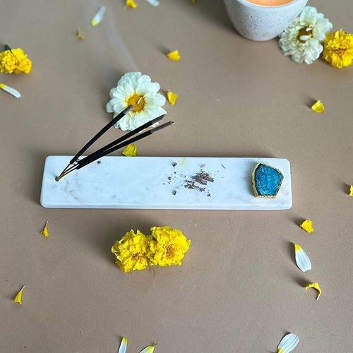 Handmade Marble with Agate Gold Plating Agarbatti Stand Puja Incense Stick Holder with Ash Catcher 