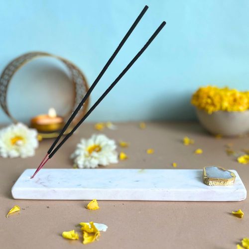 Handmade Marble with Agate Gold Plating Agarbatti Stand Puja Incense Stick Holder with Ash Catcher 