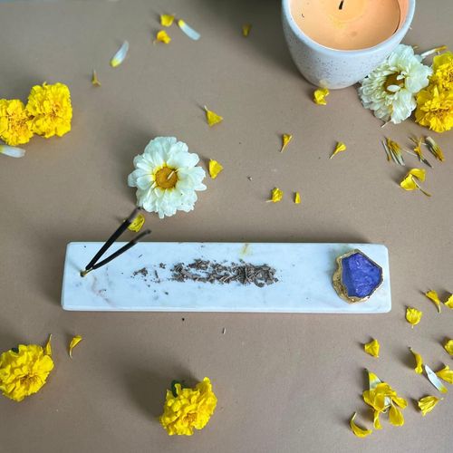 Handmade Marble with Agate Gold Plating Agarbatti Stand Puja Incense Stick Holder with Ash Catcher 
