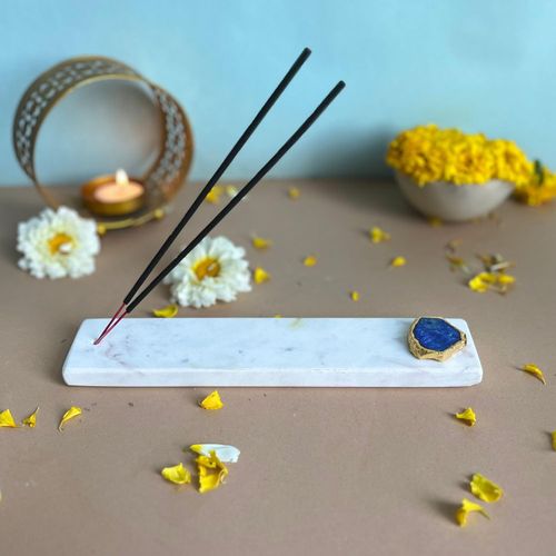 Handmade Marble with Agate Gold Plating Agarbatti Stand Puja Incense Stick Holder with Ash Catcher 