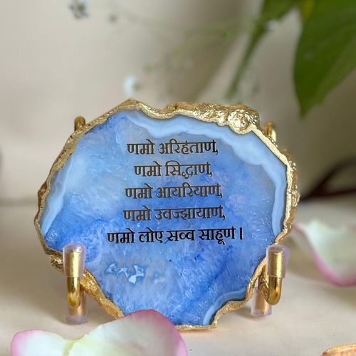 Namokar Mantra Metal Holder with Blue Agate Festive Home Décor Showpiece Perfect Temple Decorative 