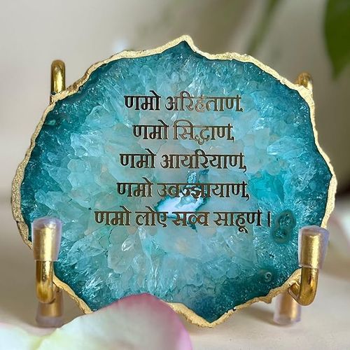 Namokar Mantra Metal Holder with Green Agate Festive Home Décor Showpiece Perfect Temple Decorative 