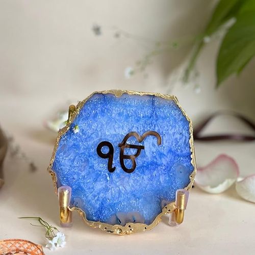 Ik Onkar Metal Holder with Blue Agate Festive Home Décor Showpiece Perfect Temple Decor