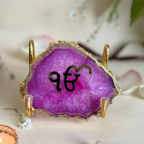 Ik Onkar Metal Holder with Pink Agate Festive Home Décor Showpiece Perfect Temple Decor