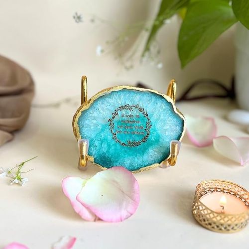 Gayatri Mantra Metal Holder with Green Agate Festive Home Décor Showpiece Perfect Temple Decor