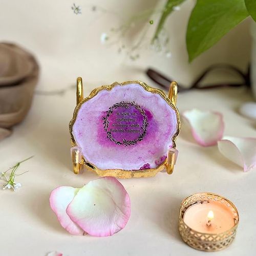 Gayatri Mantra Metal Holder with Pink Agate Festive Home Décor Showpiece Perfect Temple Decor