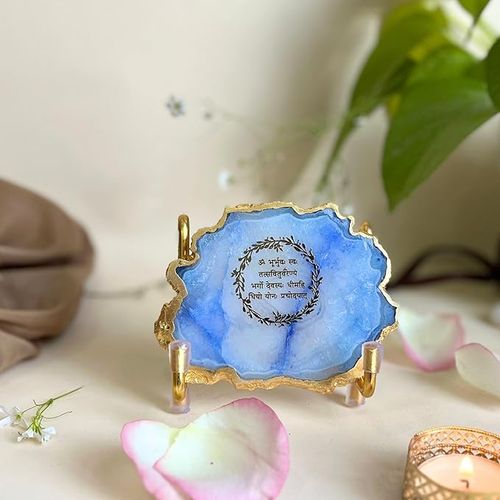 Gayatri Mantra Metal Holder with Blue Agate Festive Home Décor Showpiece Perfect Temple Decor