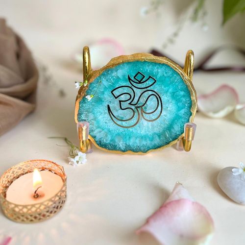 OM Metal Holder with Green Agate Festive Home Décor Showpiece Perfect Temple Decor