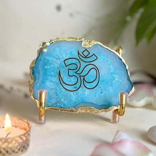 OM Metal Holder with Turquoise Agate Festive Home Décor Showpiece Perfect Temple Decor