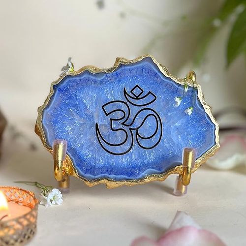 OM Metal Holder with Blue Agate Festive Home Décor Showpiece Perfect Temple Decor