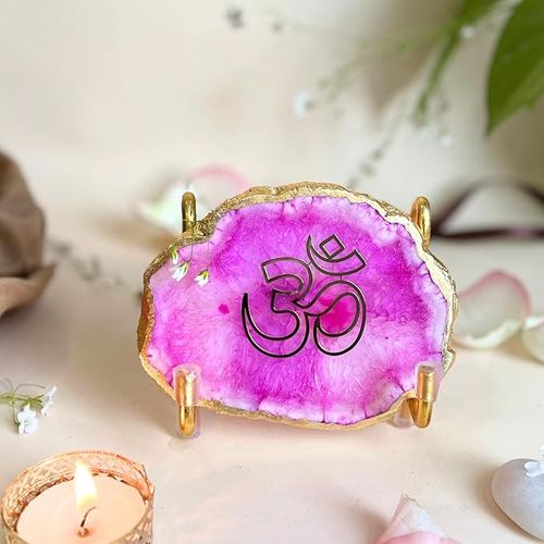 OM Metal Holder with Pink Agate Festive Home Décor Showpiece Perfect Temple Decor