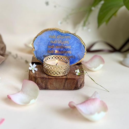 Namokar Mantra Tea Light Holder Blue Agate with Wood Festive Home Décor Light Holder Perfect Decor