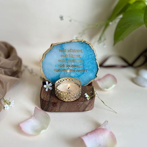 Namokar Mantra Tea Light Holder Turquoise Agate with Wood Festive Home Décor Light Holder 