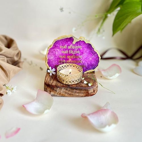 Namokar Mantra Tea Light Holder Pink Agate with Wood Festive Home Décor Light Holder
