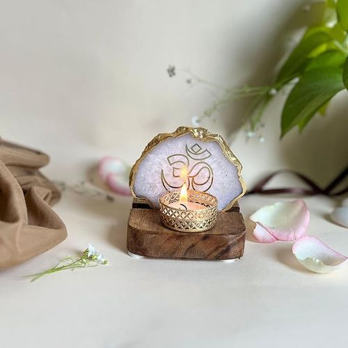 OM Tea Light Holder White Agate with Wood Festive Home Décor