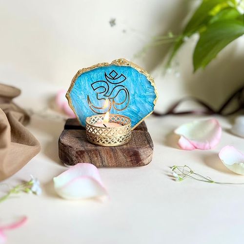 OM Tea Light Holder Turquoise Agate with Wood Festive Home Décor