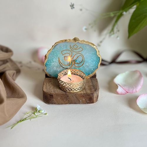 OM Tea Light Holder Green Agate with Wood Festive Home Décor
