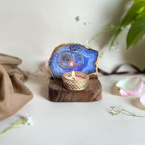 OM Tea Light Holder Blue Agate with Wood Festive Home Décor